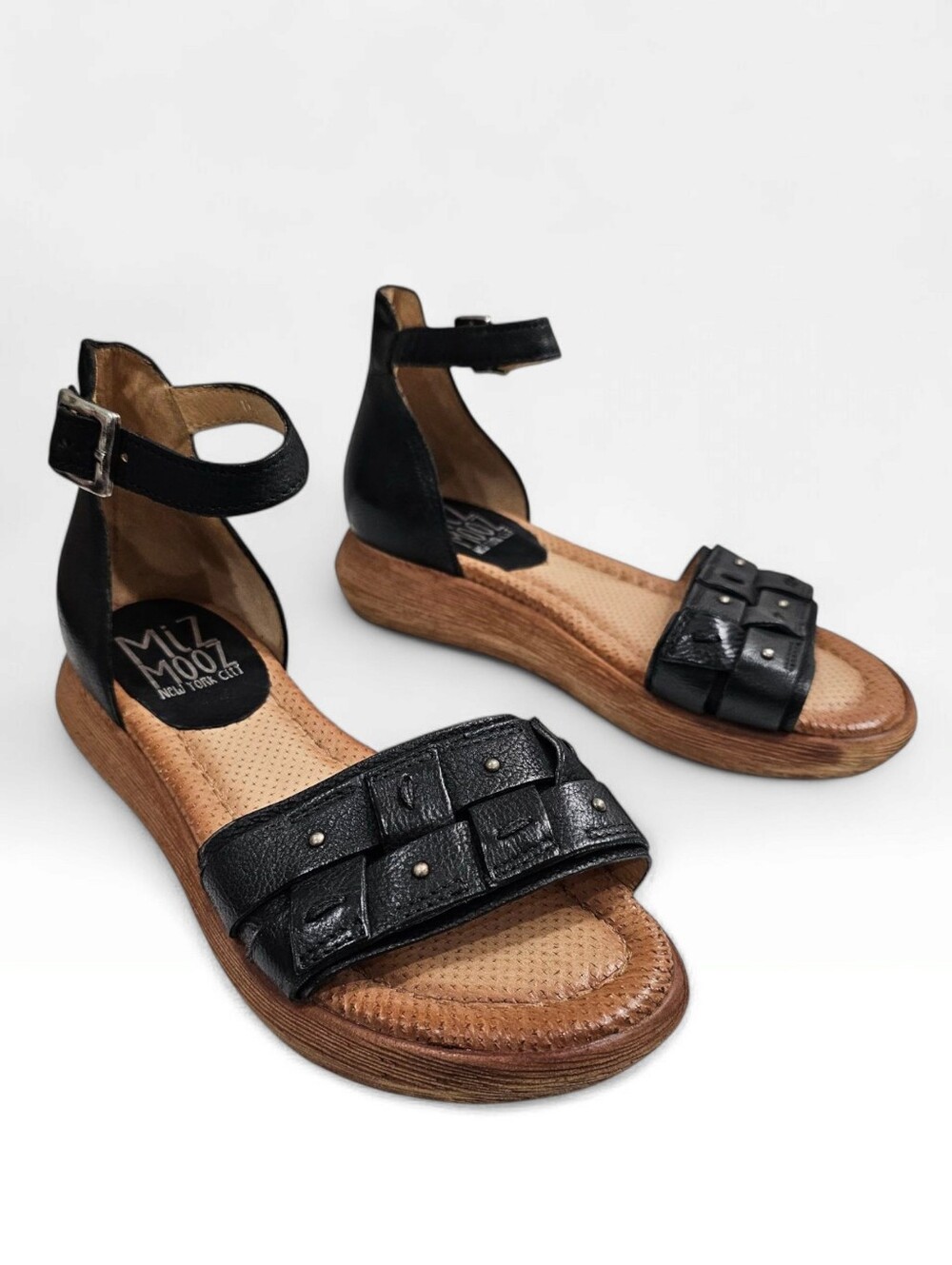 MIZ MOOZ Indra Black Leather Ankle Strap Sandals 38/7.5-8M